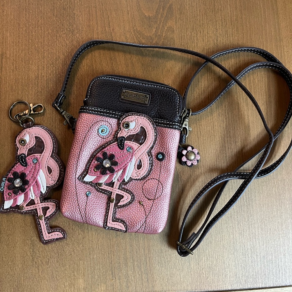 Chala Pink Flamingo Crossbody with matching Pink Flamingo Key Fob/Coin bag